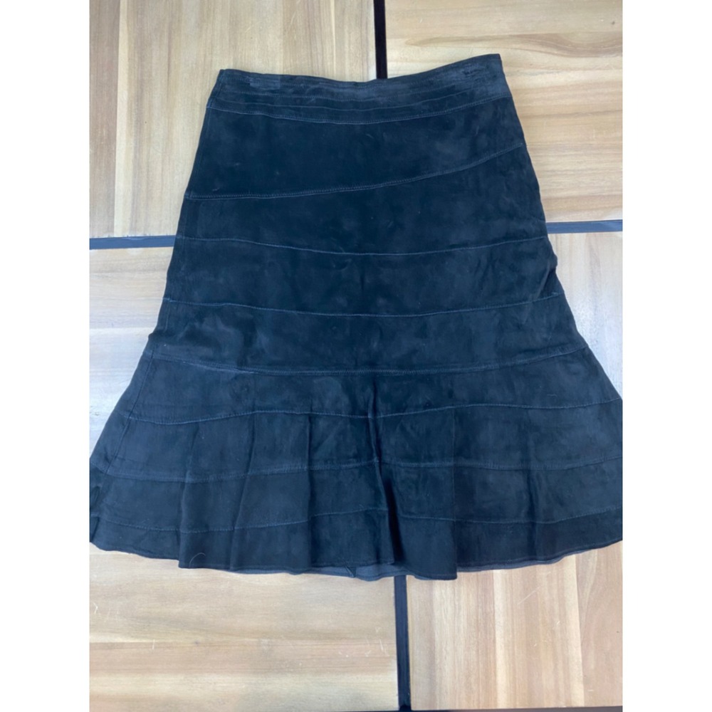 Mary Jane Marcasiano Black Suede Leather Tiered Paneled Midi Skirt Womens 4